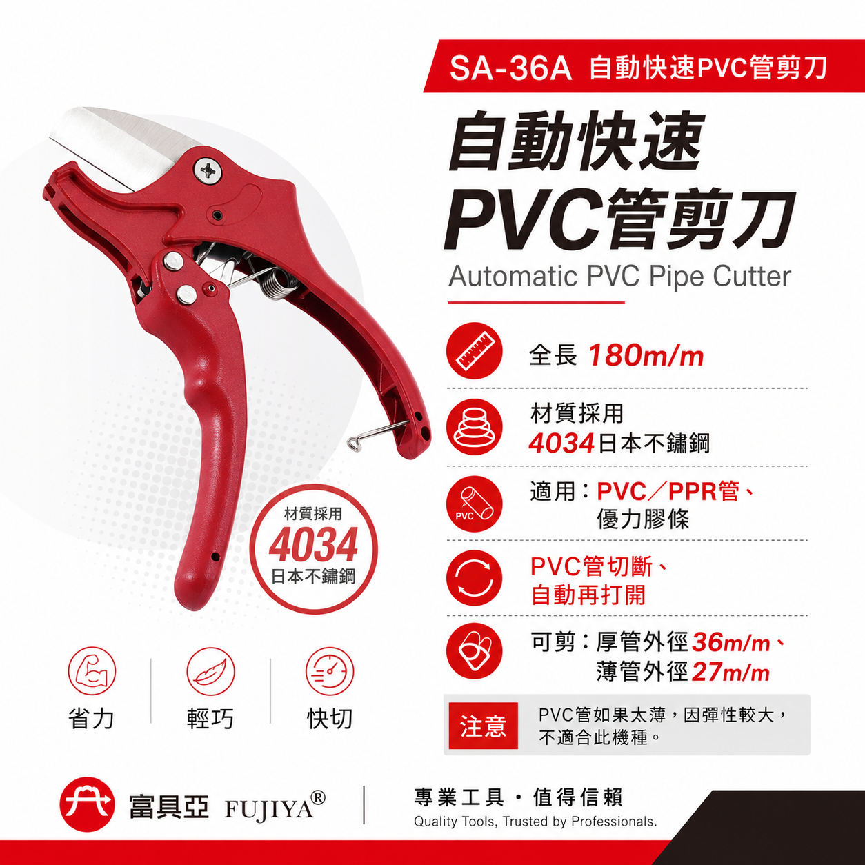FUJIYA 富具亞 台灣製｜36mm 省力快切水管剪 PVC管優力膠條 自動快速PVC管剪刀｜SA-36A