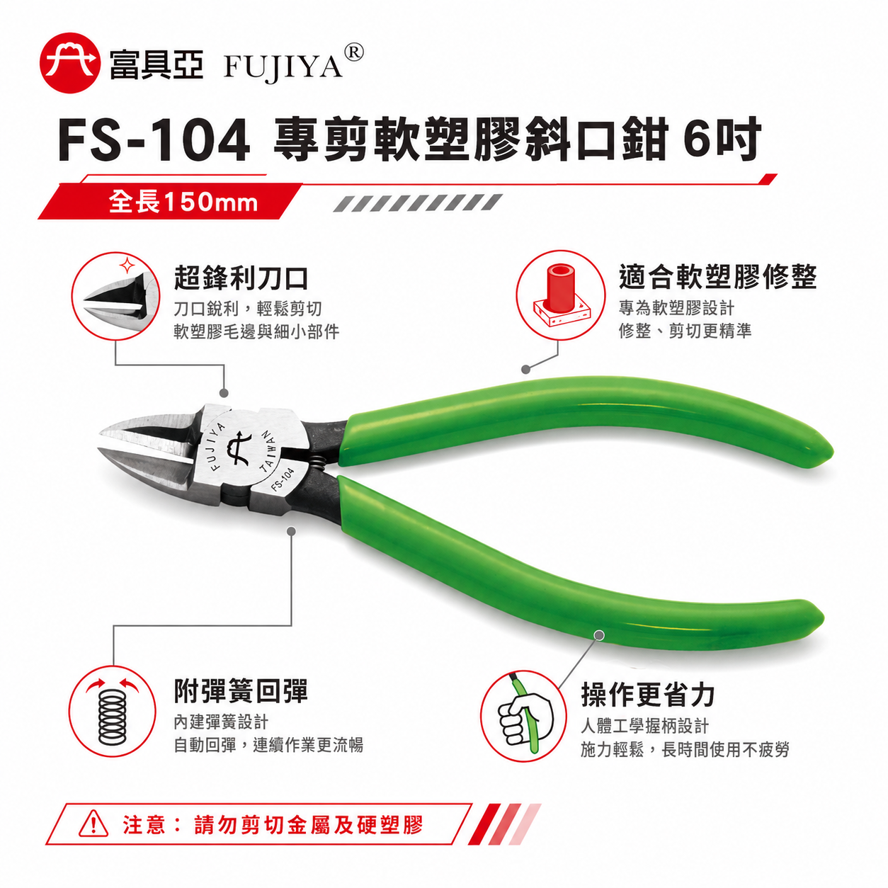 FUJIYA 富具亞｜6" 單刃超薄型軟塑膠斜口鉗 膠柄斜嘴鉗 單刃超薄型軟塑膠夾鉗｜FS-104｜台灣製