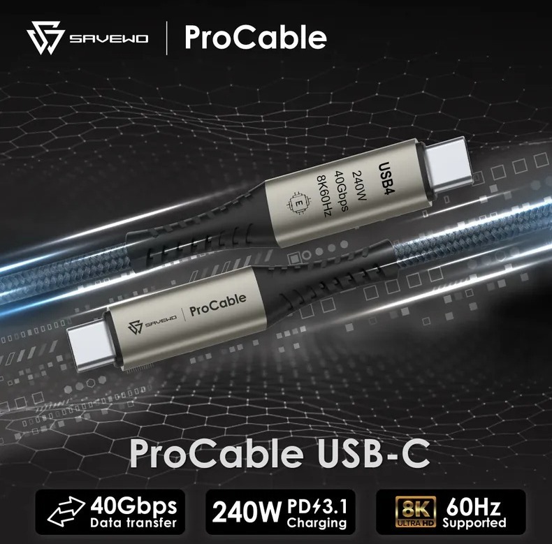 SAVEWO USB-C ProCable USB4.0 Thunderbolt 4 極速充電傳輸線 (1m/2m)(H5 KA114)