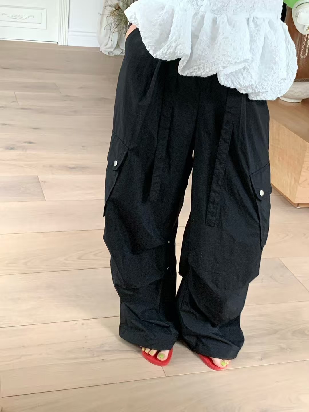 寬綁帶口袋工作長褲