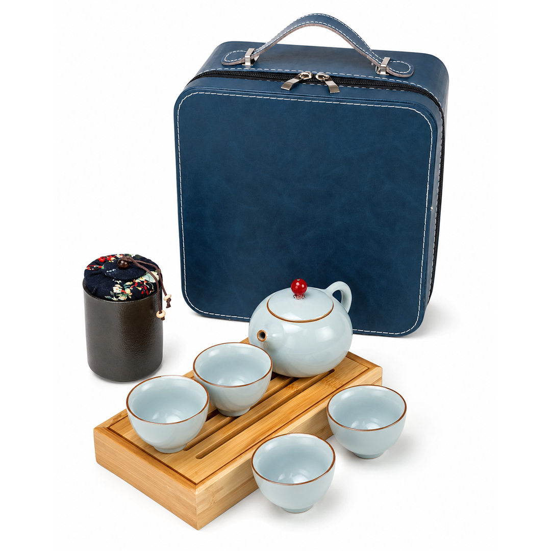 五大名窯 四方包 旅行茶組 一壺一茶罐一竹盤四杯