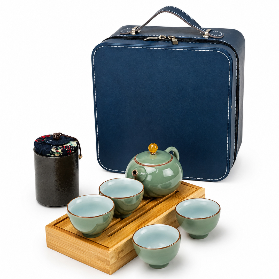 五大名窯 四方包 旅行茶組 一壺一茶罐一竹盤四杯