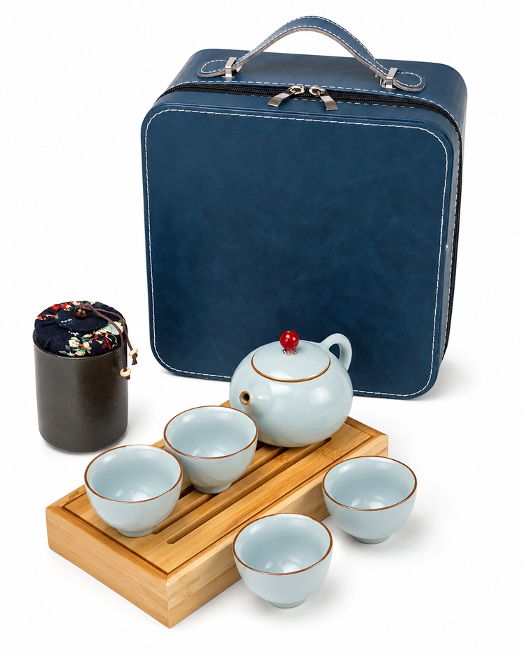 鹿港窯禮品館│五大名窯四方包旅行茶組一壺一茶罐一竹盤四杯
