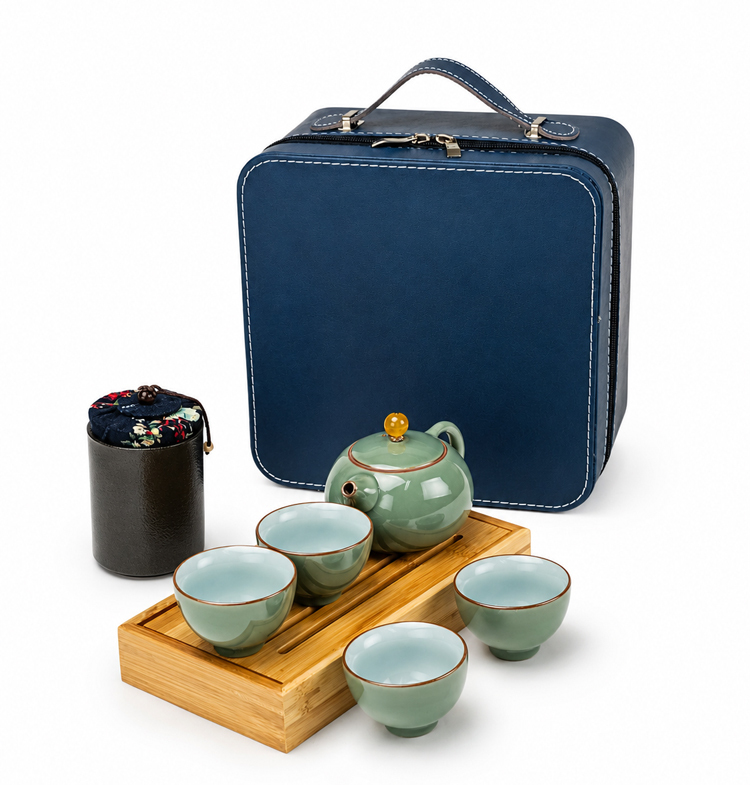 鹿港窯禮品館│五大名窯四方包旅行茶組一壺一茶罐一竹盤四杯