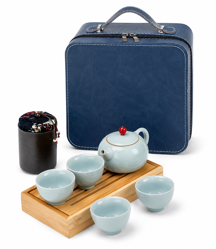 鹿港窯禮品館│五大名窯四方包旅行茶組一壺一茶罐一竹盤四杯