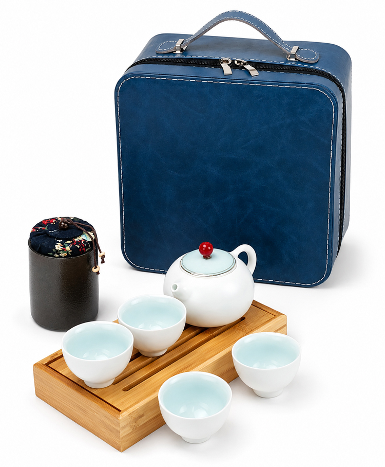 鹿港窯禮品館│五大名窯四方包旅行茶組一壺一茶罐一竹盤四杯