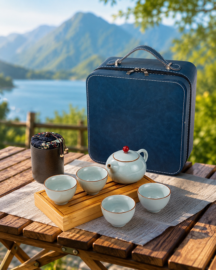 鹿港窯禮品館│五大名窯四方包旅行茶組一壺一茶罐一竹盤四杯