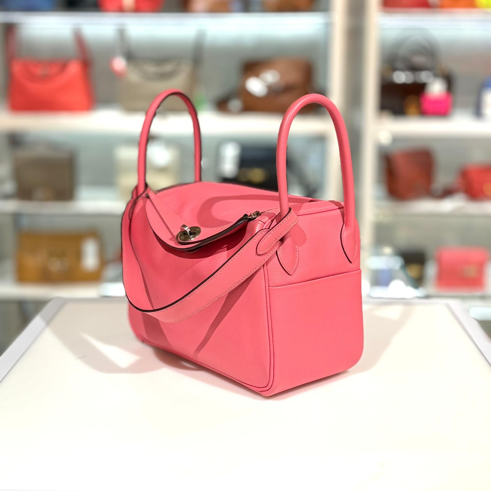 99%NEW二手HERMES LINDY 26 D STAMP 唇膏粉 EVERCOLOR皮/銀扣 8W/ROSE AZALEE PHW #香榭站正品