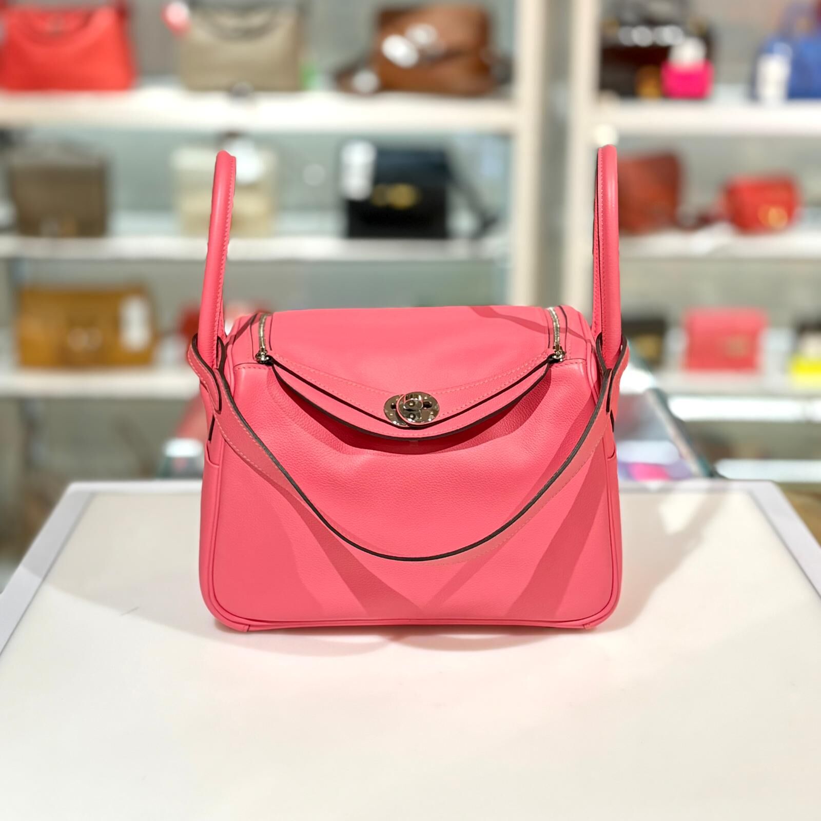 99%NEW二手HERMES LINDY 26 D STAMP 唇膏粉 EVERCOLOR皮/銀扣 8W/ROSE AZALEE PHW #香榭站正品