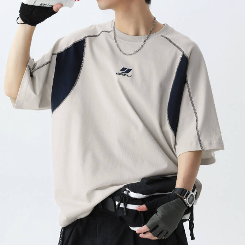 美式復古刺繡拼接撞色純棉短袖T-Shirt