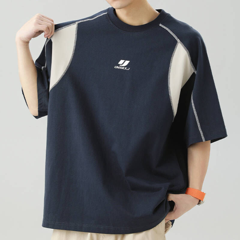 美式復古刺繡拼接撞色純棉短袖T-Shirt