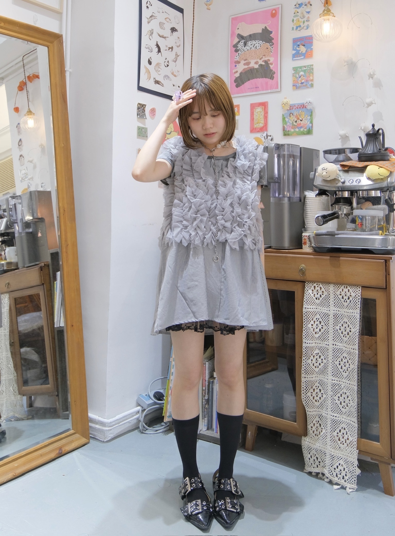 間條Ruffle 平口吊帶背心