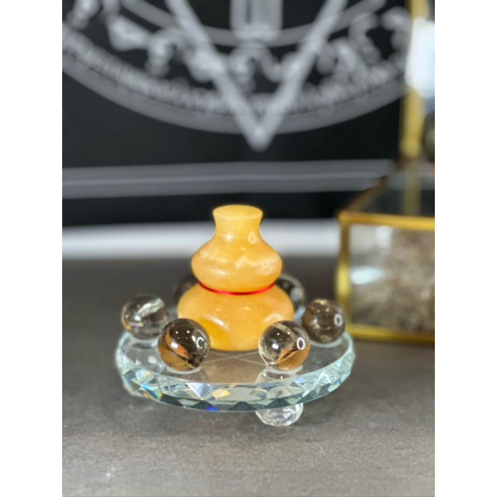 HKHG0531-001 招財辟邪擋煞七星陣黃方解葫蘆48x55mm 茶水晶球6粒(20mm+)琉璃七星底盤100mm (A1)