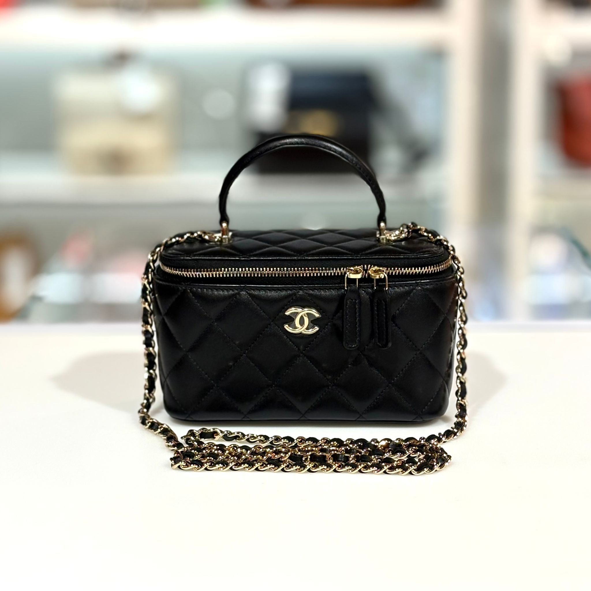 99%NEW二手CHANEL長盒子, AP2199, 黑色小羊皮, 菱格紋金扣 Top, Handle Vanity Case @芯片, #香榭站正品