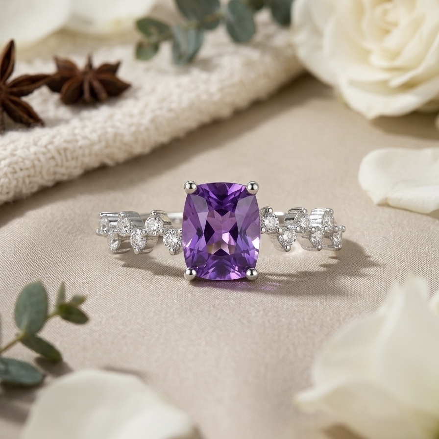 18K Gold Purple Sapphire ring with diamonds setting (With GUILD Cert)