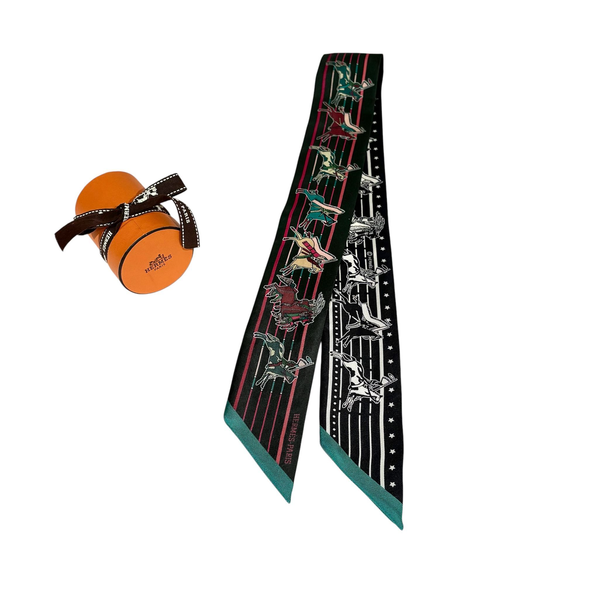 98%NEW二手HERMES TWILLY Pani La Shar Pawnee 雙色馬 色圖案真絲 #香榭站正品