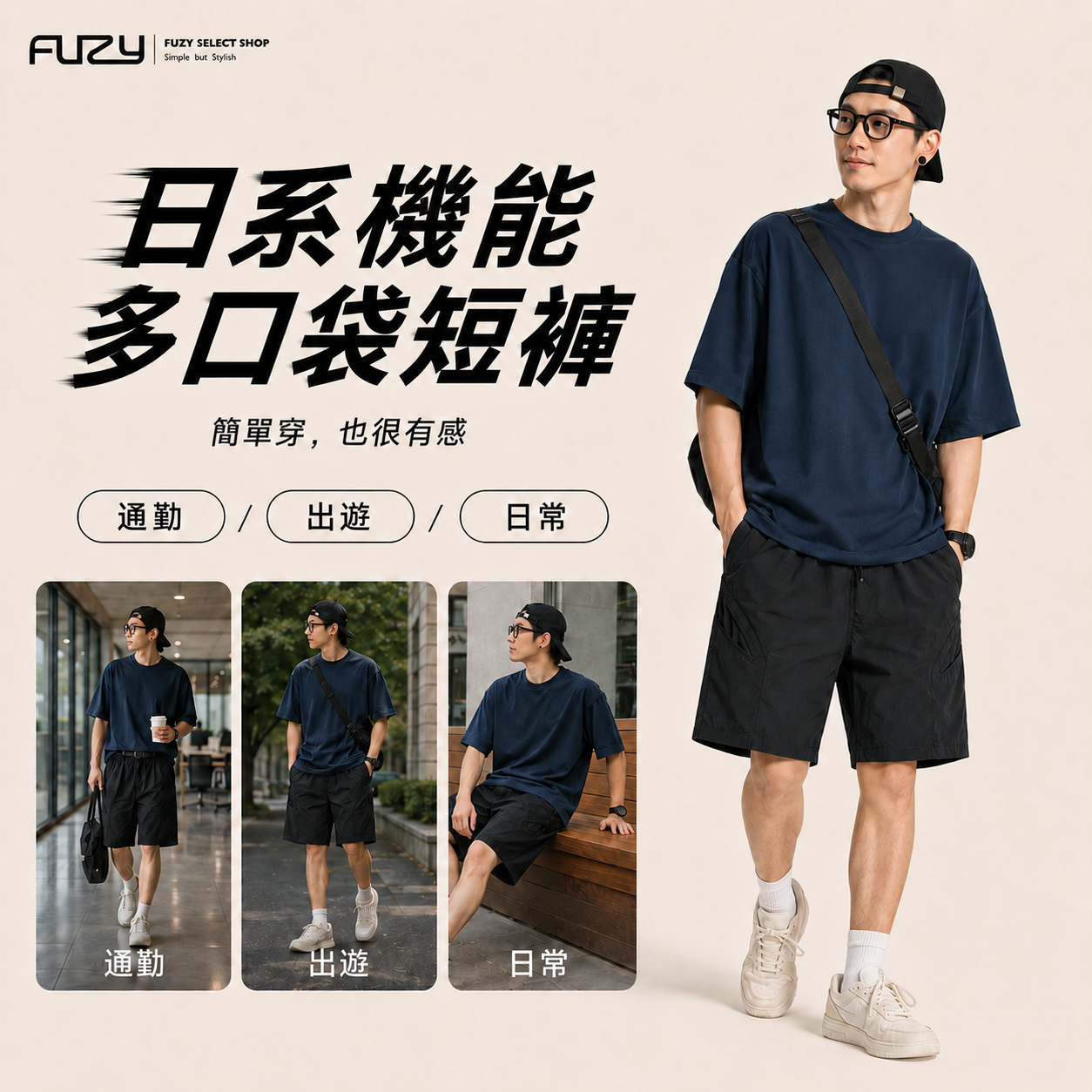 日系多口袋機能短褲｜防潑水 尼龍短褲 及膝 寬鬆剪裁【FUZY】- P202553