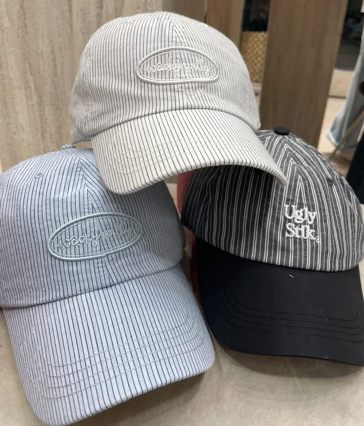 正韓條紋刺繡logo帽