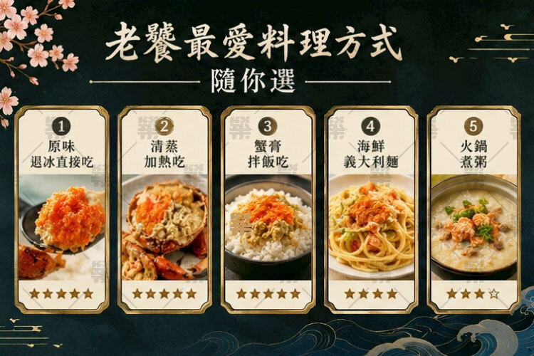 原味退冰直接吃、清蒸加熱吃、 蟹膏拌飯吃、海鮮義大利麵