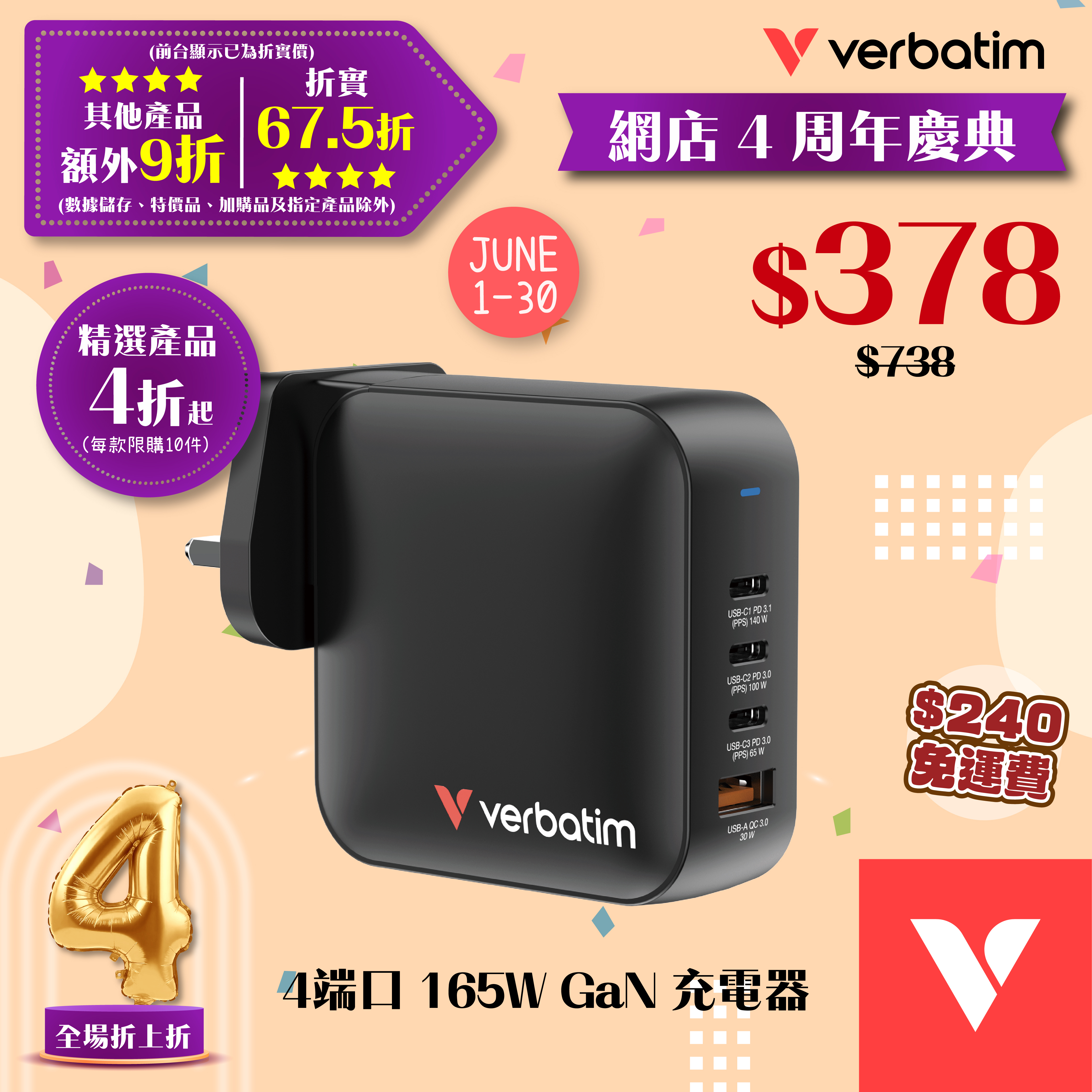 165W GaN 充電器 (MGaN165-4)