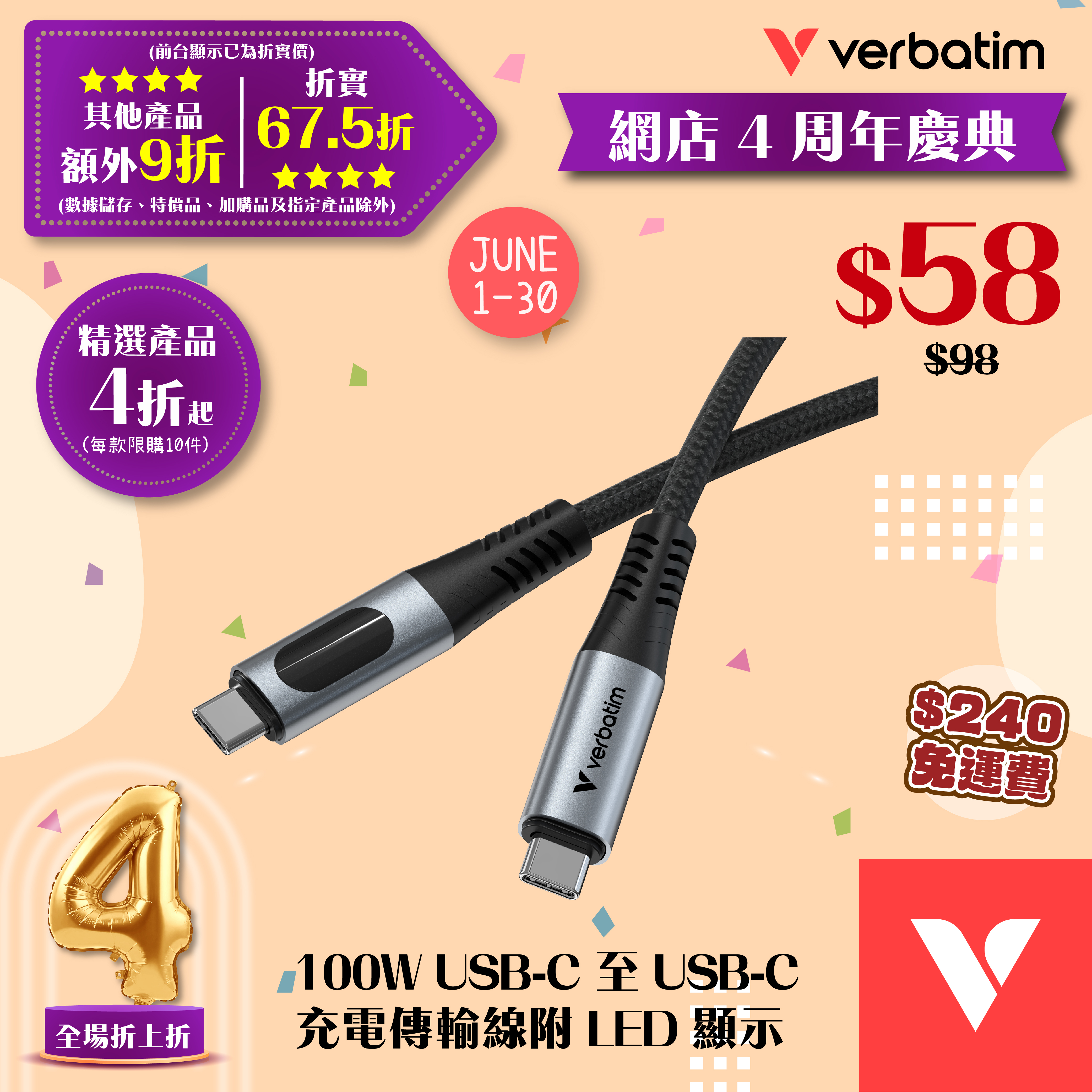 100W USB-C 至 USB-C 充電傳輸線附 LED 顯示屏 (SCC2-CCD100)