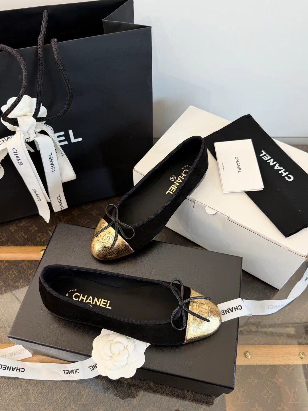 CHANEL 2026SS拼色蝴蝶結芭蕾舞鞋