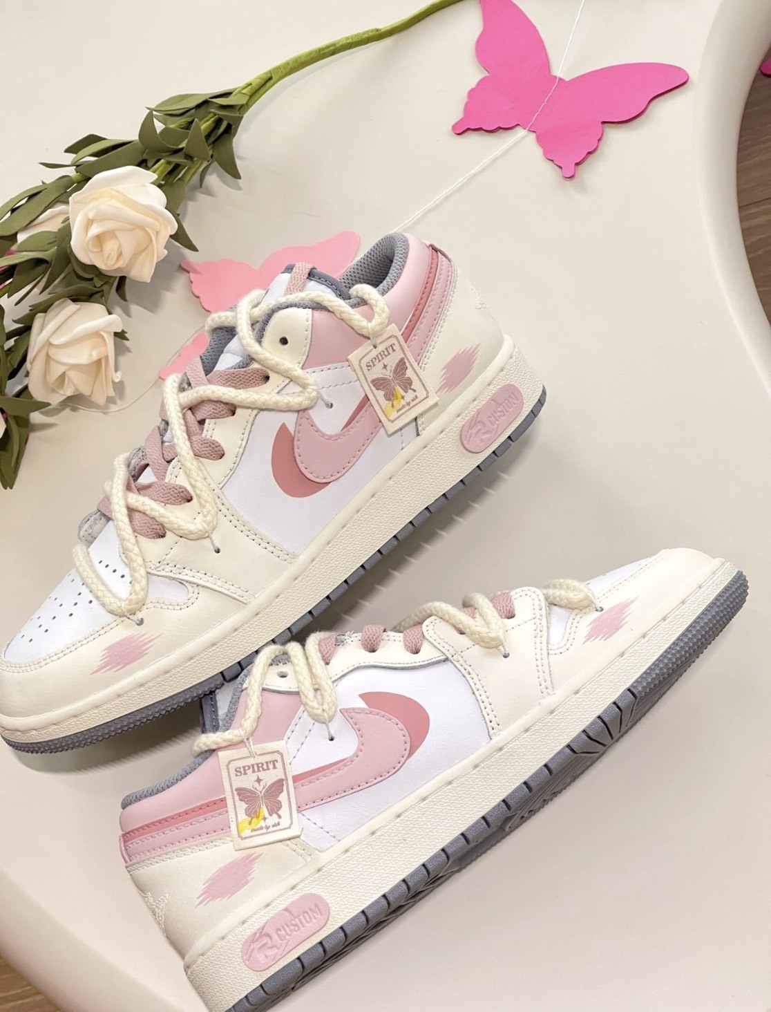 【訂製鞋款】Nike Air Jordan 1 Low Risk 粉黛蝶語 清新 少女風 復古 雙勾 553560053(Team27-女款粉黛蝶語S-BOX)