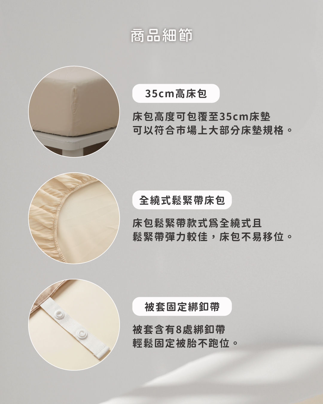 飛航模飾100支天絲床包細節：35cm加高床包設計、全繞式鬆緊帶、被套8處固定綁扣帶
