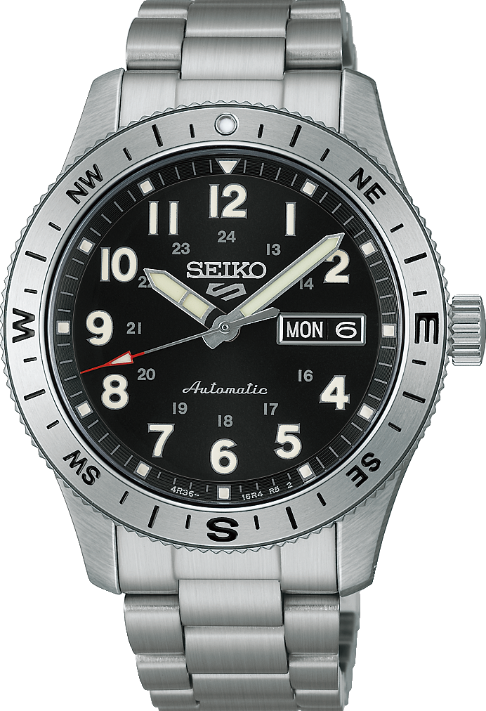 萬年鐘錶 - SEIKO  5 Sports 黑面軍風不鏽鋼錶帶機械男錶 HDB006K1 / 4R36-18V0D 錶徑39.4MM