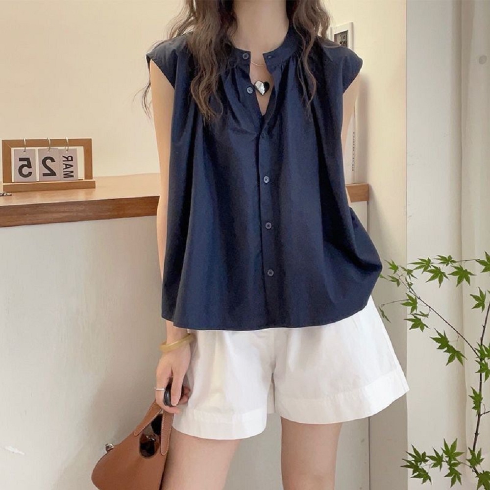 AS2511#女裝｜上衣☆圓領褶皺開襟飛飛袖襯衫(3色 S-2XL)