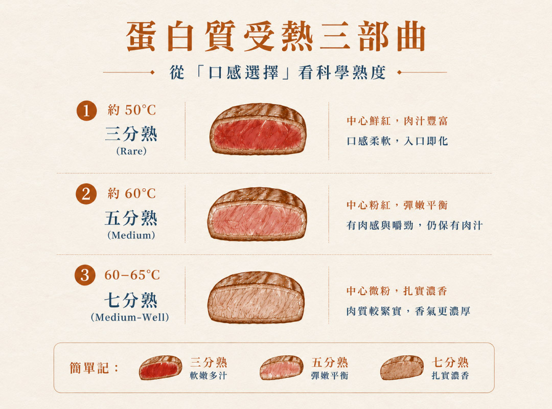 牛排熟度切面顏色對比:三分熟鮮紅、五分熟粉紅、七分熟褐色