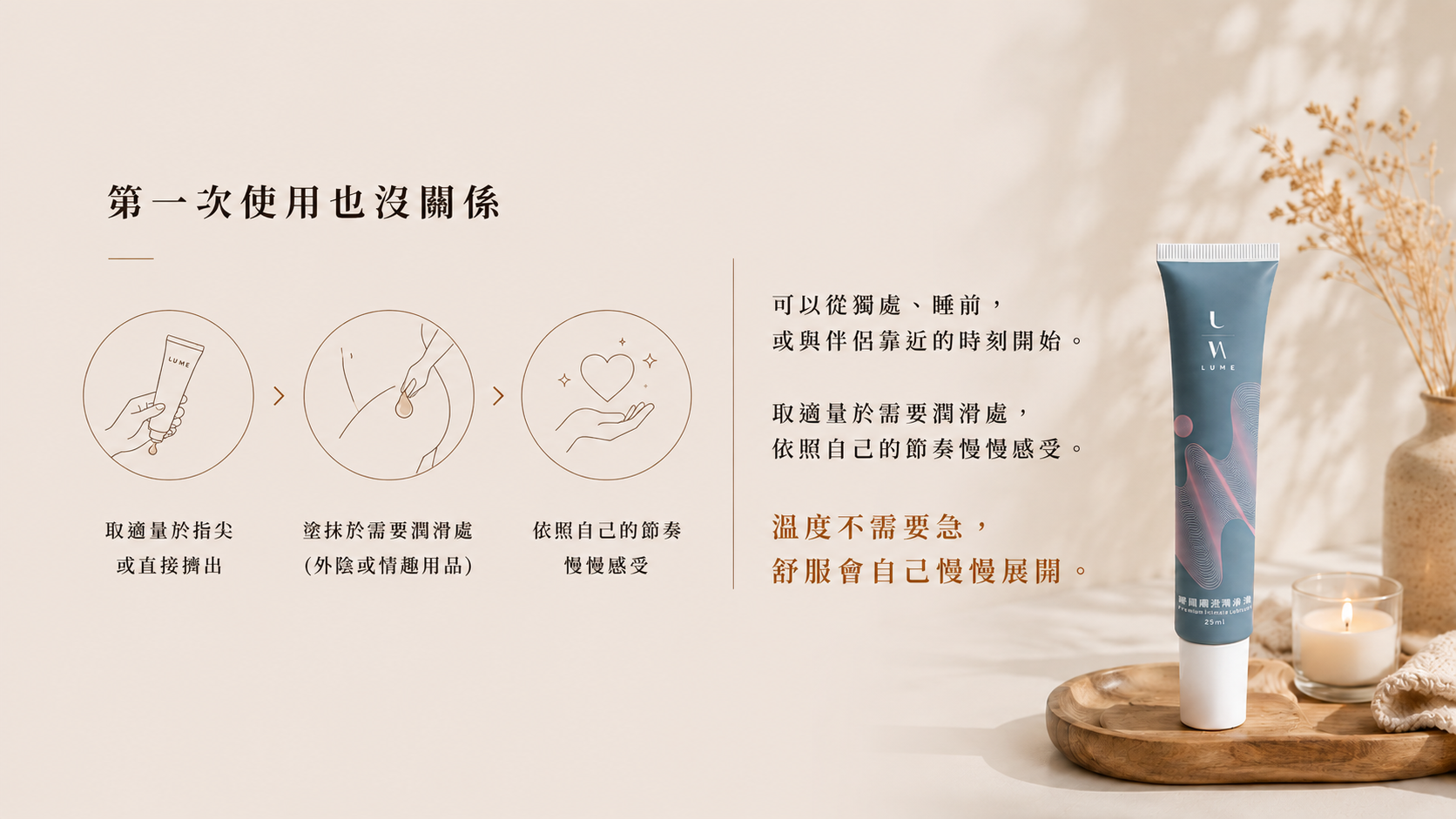 第一次使用也沒關係，溫度不需要急，舒服會慢慢展開。
