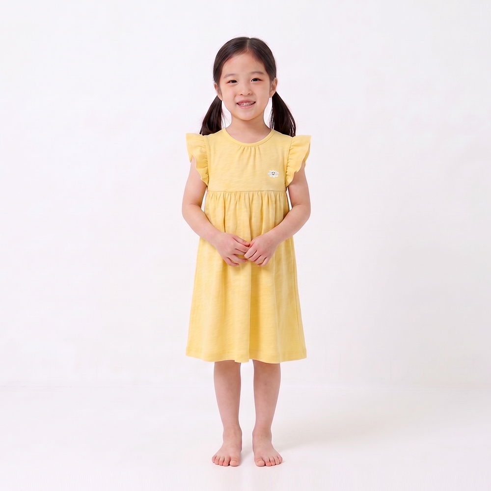 有機棉幼兒童BD細緻竹節圓領洋裝-鵝黃 | 藍天畫布有機棉