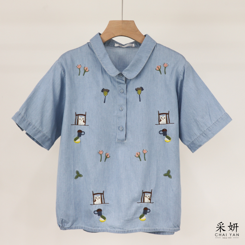 可愛刺繡仿牛仔半開襟短袖上衣