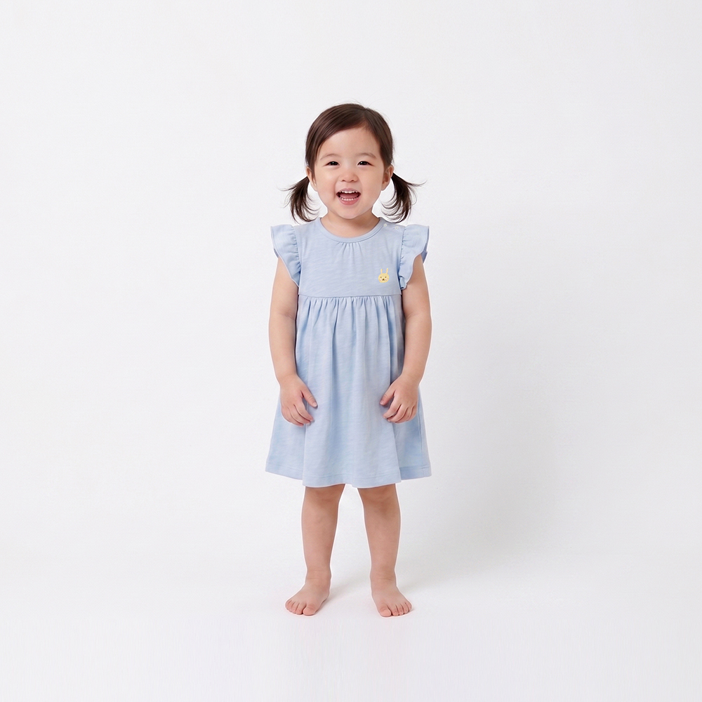 有機棉幼兒童BD細緻竹節圓領洋裝-鵝黃 | 藍天畫布有機棉