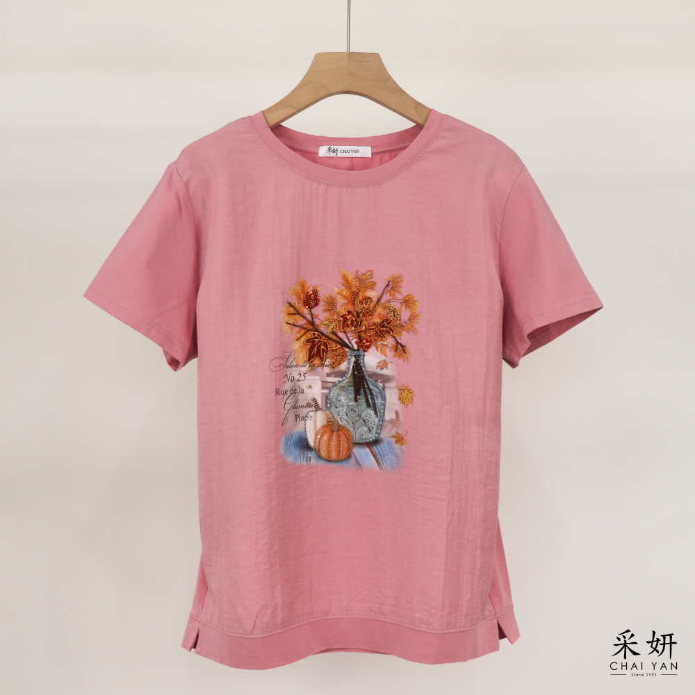 重工花卉亮絲短袖上衣