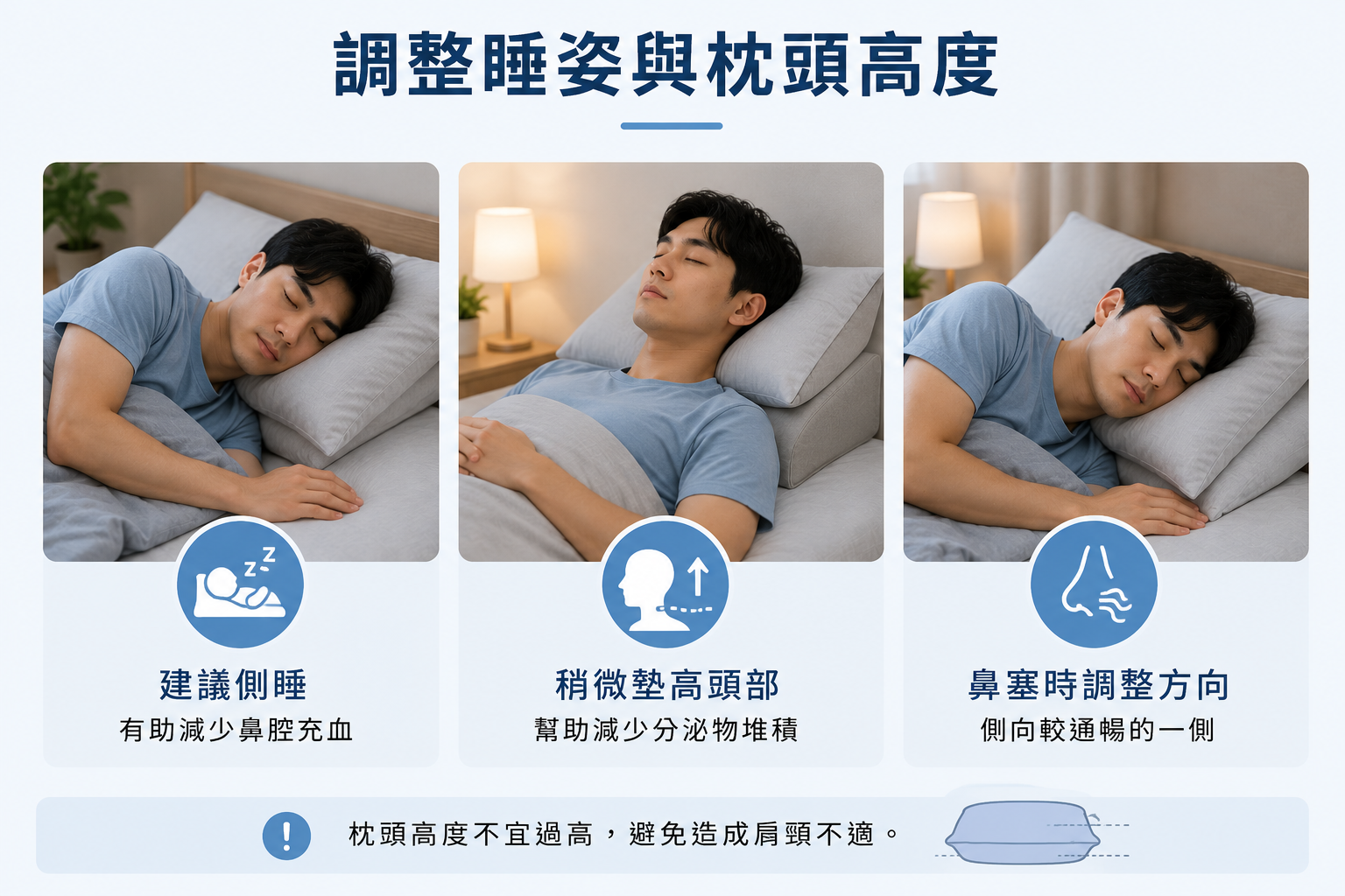 鼻塞須調整睡姿與枕頭高度
