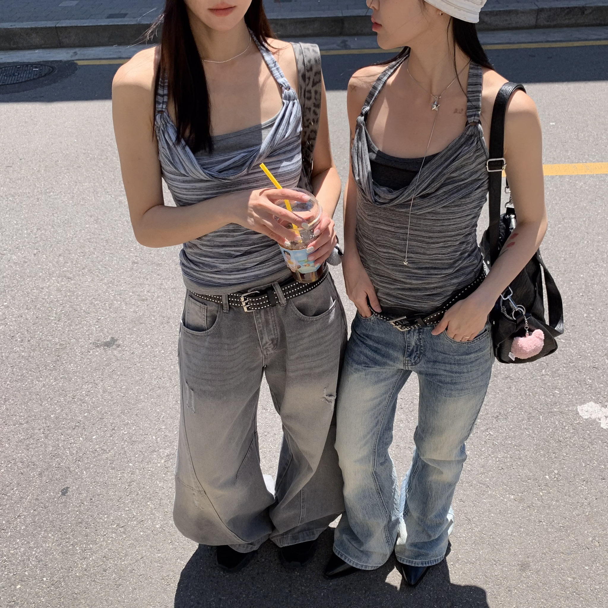 ISA_混血亞裔 假二件層次感條紋繞脖背心_65021