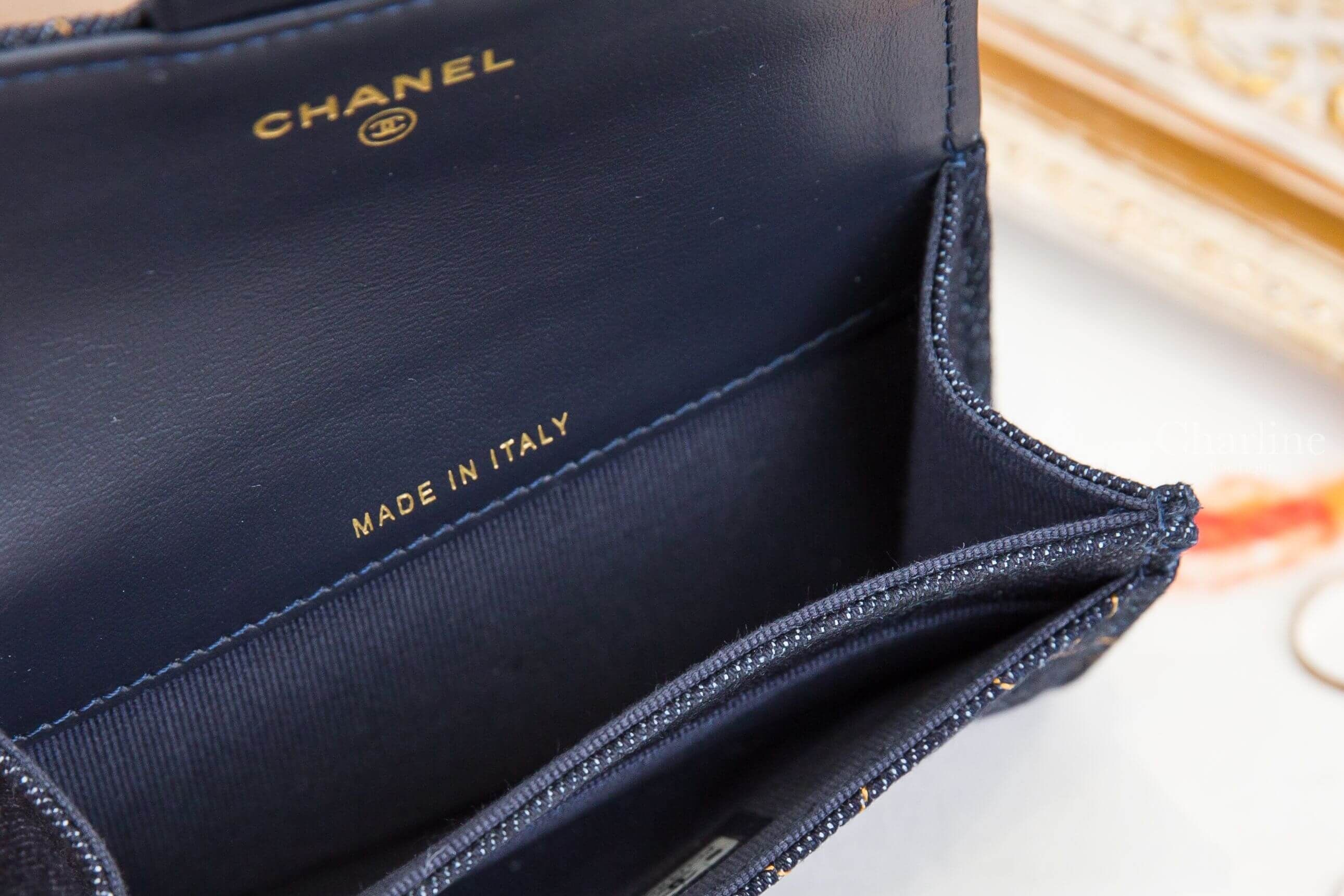 Chanel Classic Card Holder 深藍色金CC橘色縫線菱格紋丹寧布零錢夾-Charline Boutique 精品代購