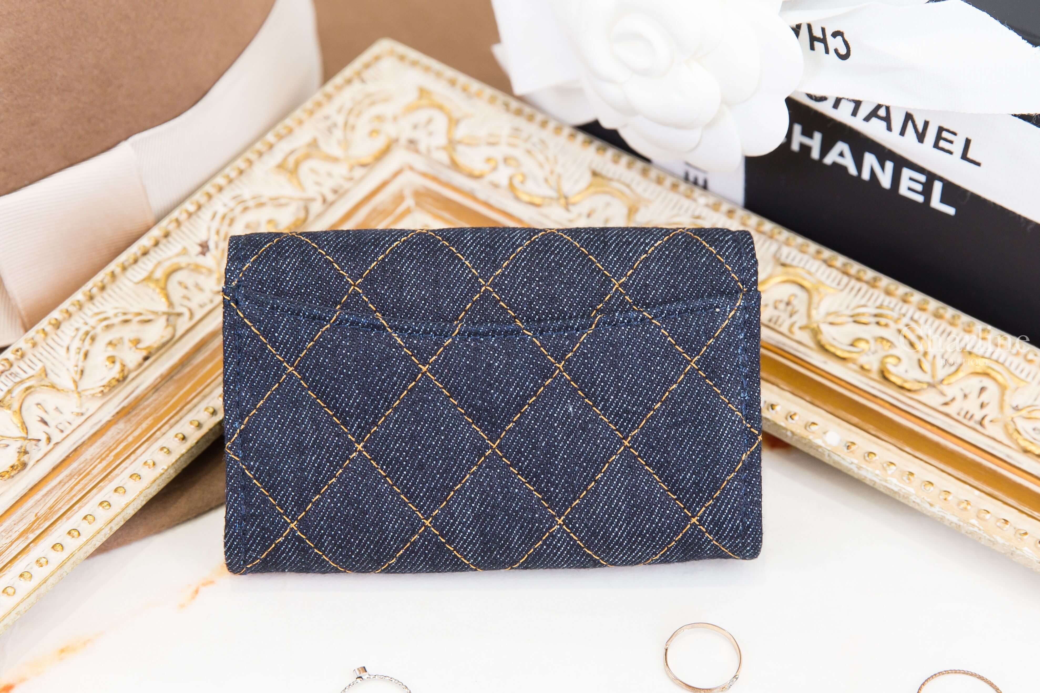 Chanel Classic Card Holder 深藍色金CC橘色縫線菱格紋丹寧布零錢夾-Charline Boutique 精品代購