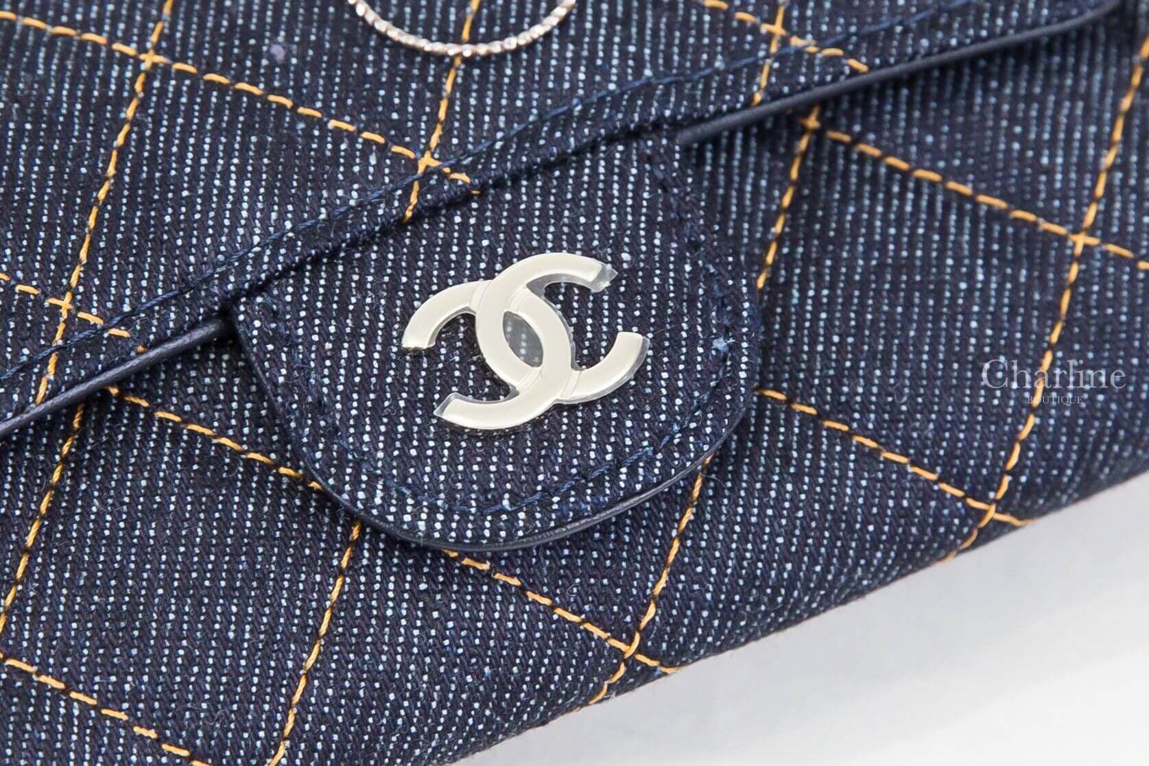 Chanel Classic Card Holder 深藍色金CC橘色縫線菱格紋丹寧布零錢夾
