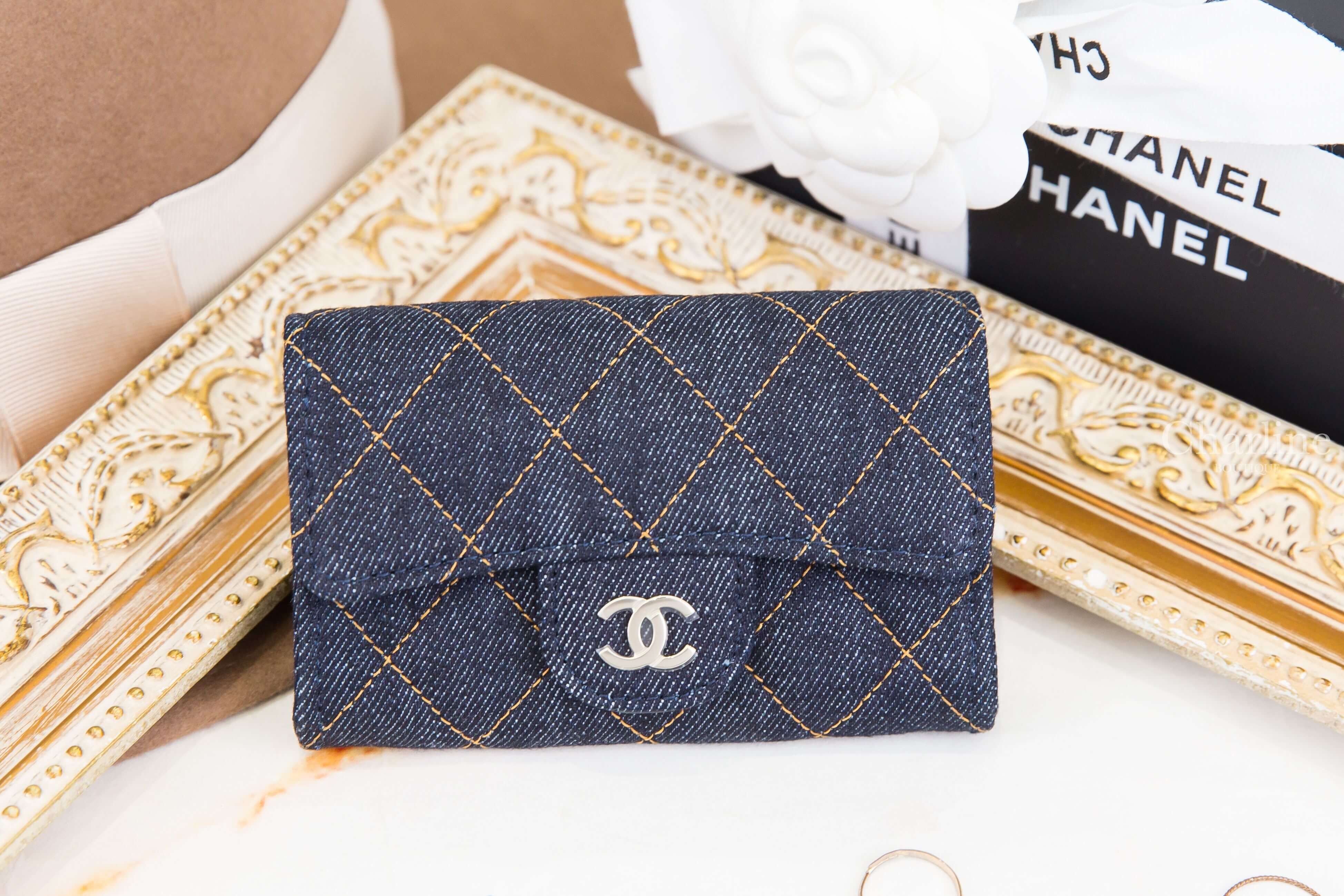 Chanel Classic Card Holder 深藍色金CC橘色縫線菱格紋丹寧布零錢夾