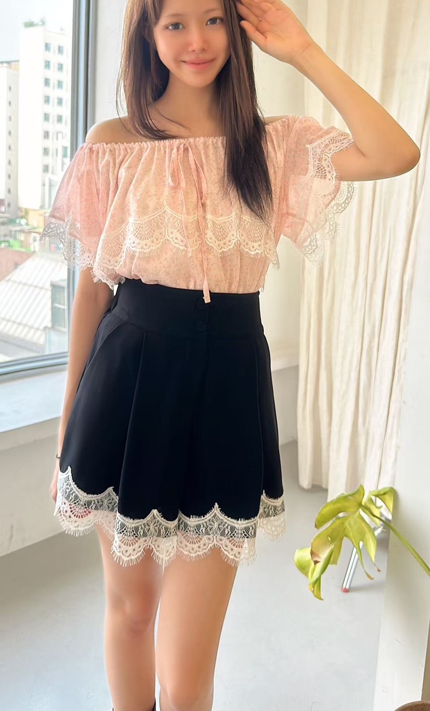 黑色白蕾絲高腰鬆緊褲裙