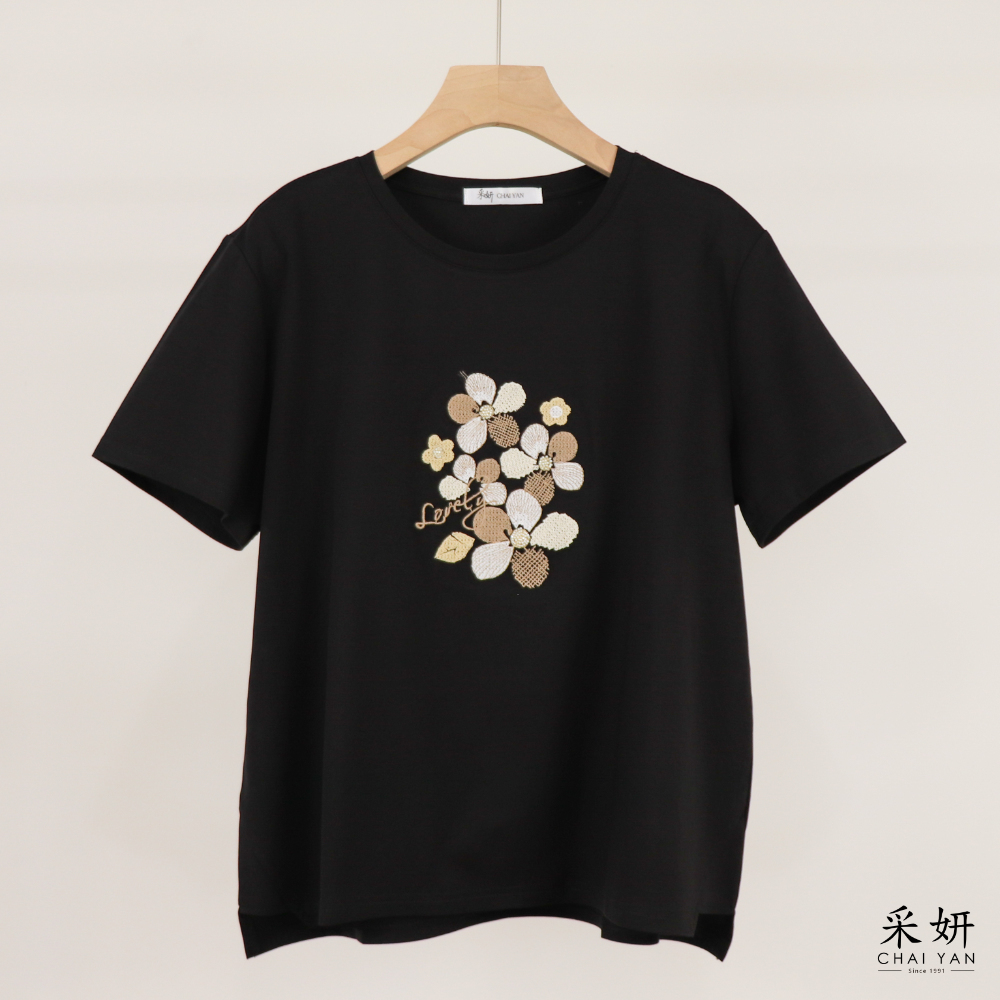 文青花朵刺繡短袖上衣