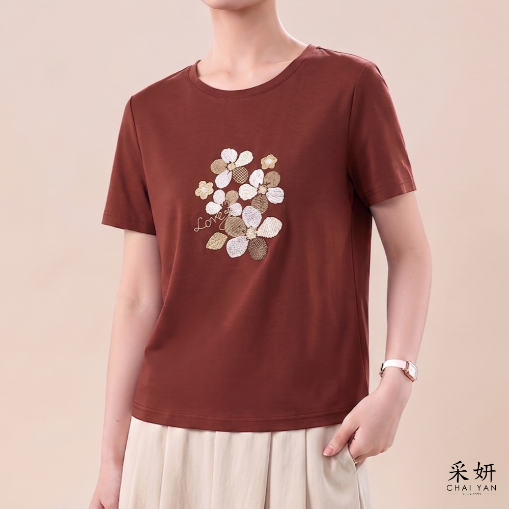 文青花朵刺繡短袖上衣