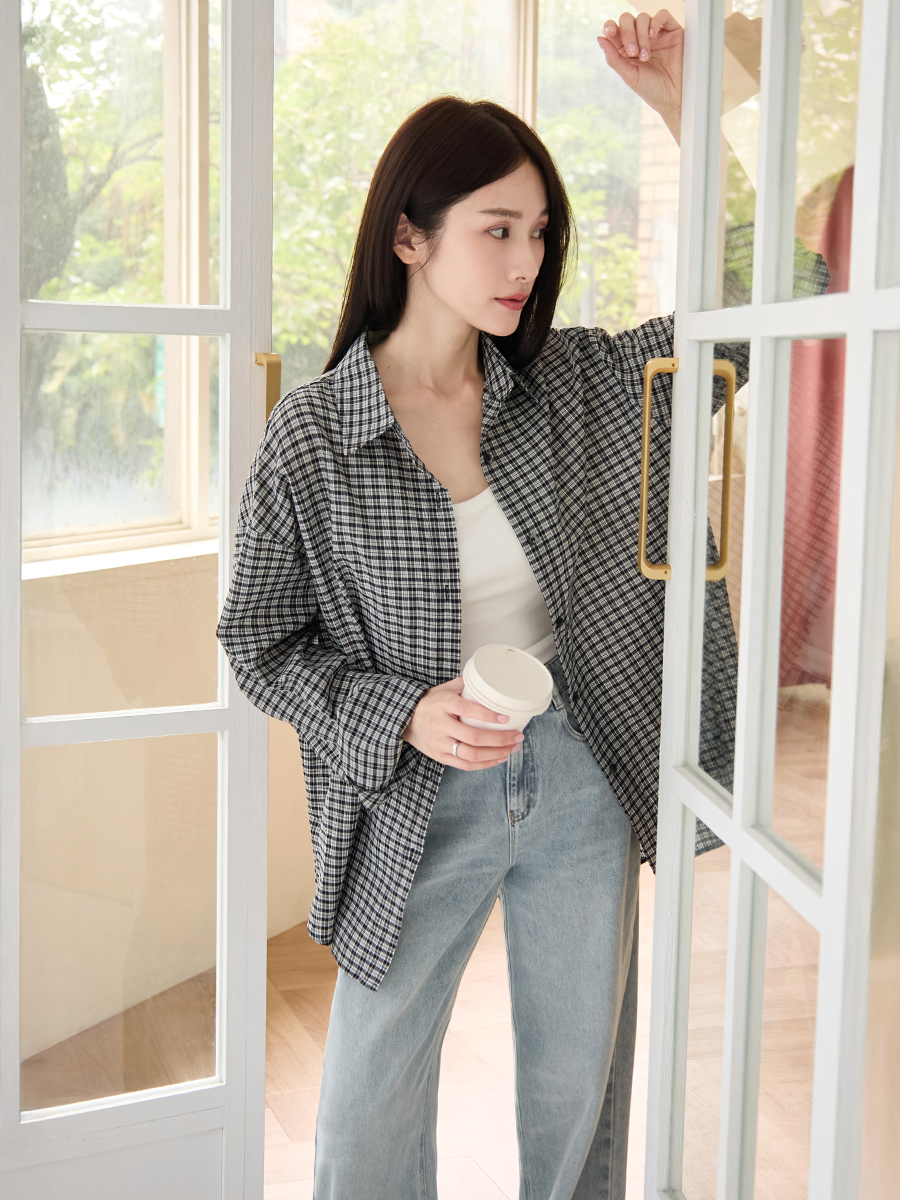 OH!HER 薄綿格紋長袖襯衫