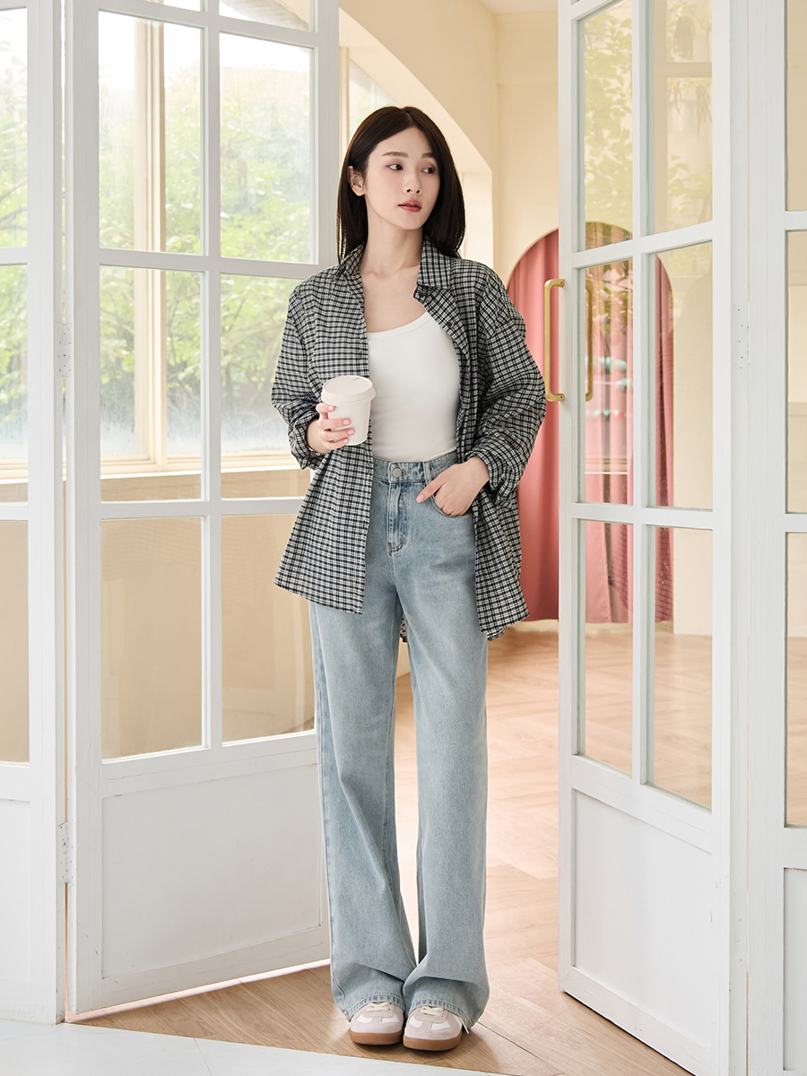 OH!HER 薄綿格紋長袖襯衫