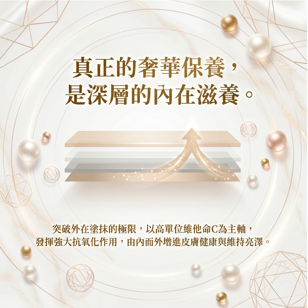 深層內在滋養的奢華保健,以高單位維他命C為主軸發揮強大抗氧化作用,由內而外增進健康、維持亮澤,突破外在塗抹的保養極限