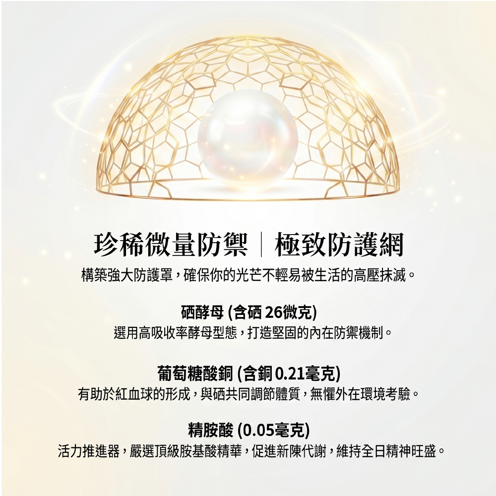 微量元素防禦保健:高吸收率硒酵母含硒 26微克打造內在防禦;葡萄糖酸銅含銅 0.21毫克有助於紅血球的形成、共同調節體質;精胺酸 0.05毫克促進新陳代謝,維持全日精神旺盛
