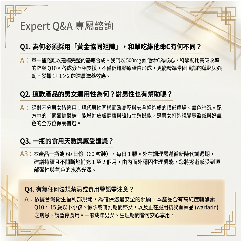 保健食品專家Q&A:維他命C核心搭配鋅與Q10促進膠原蛋白形成、維持生殖機能與好氣色。內含衛福部法規警語:本產品含高純度輔酵素 Q10,15歲以下小孩、懷孕或哺乳期間婦女,以及正在服用抗凝血藥品之病患請暫停食用